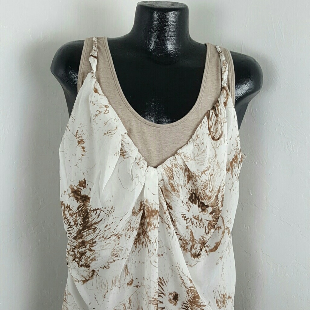 Soft Surroundings Blouse Women 1X Silk Cotton Cream Brown White Soft Boho Top